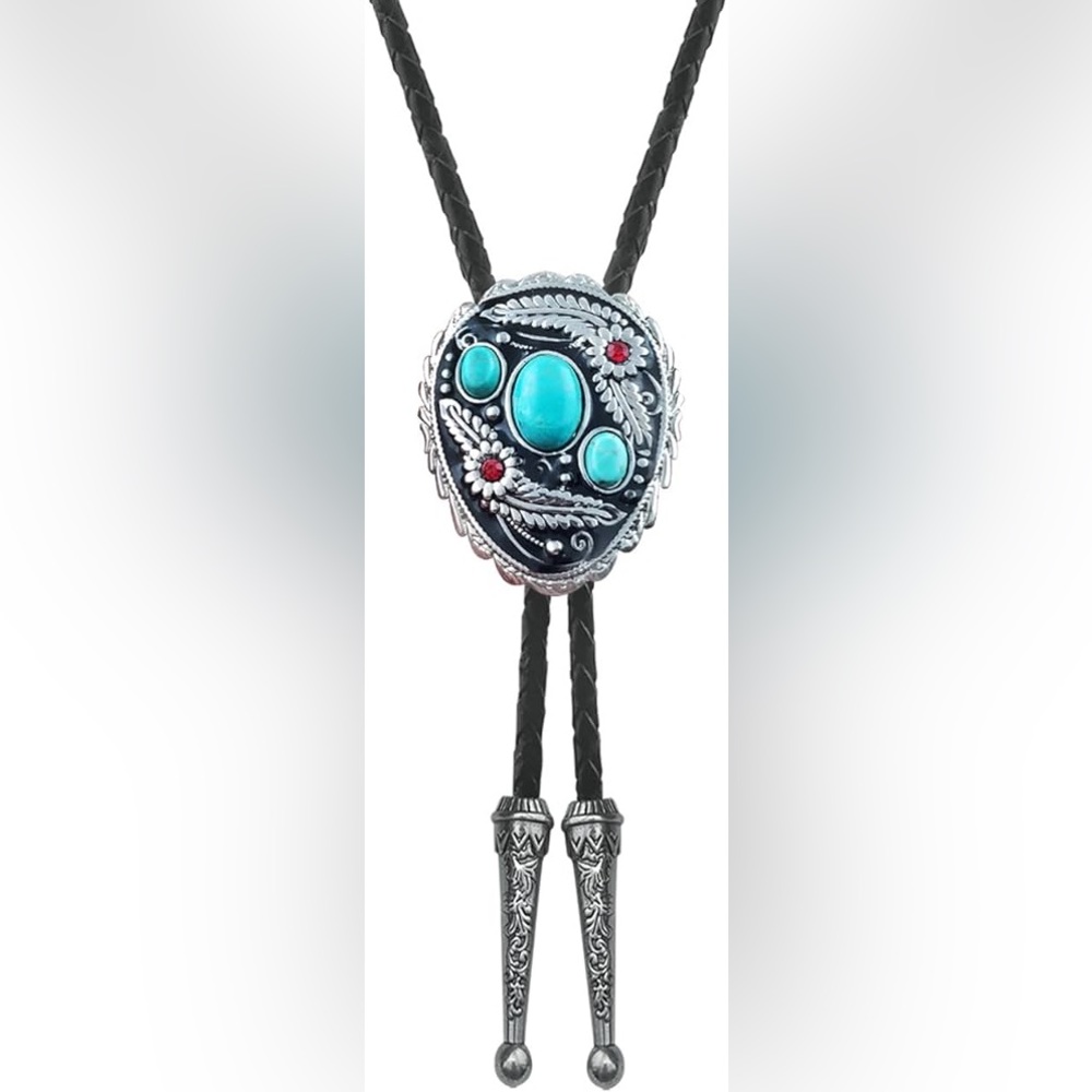 Turquoise Stones Bolo Tie Floral Red Rhinestones 40" Genuine Leather Cord